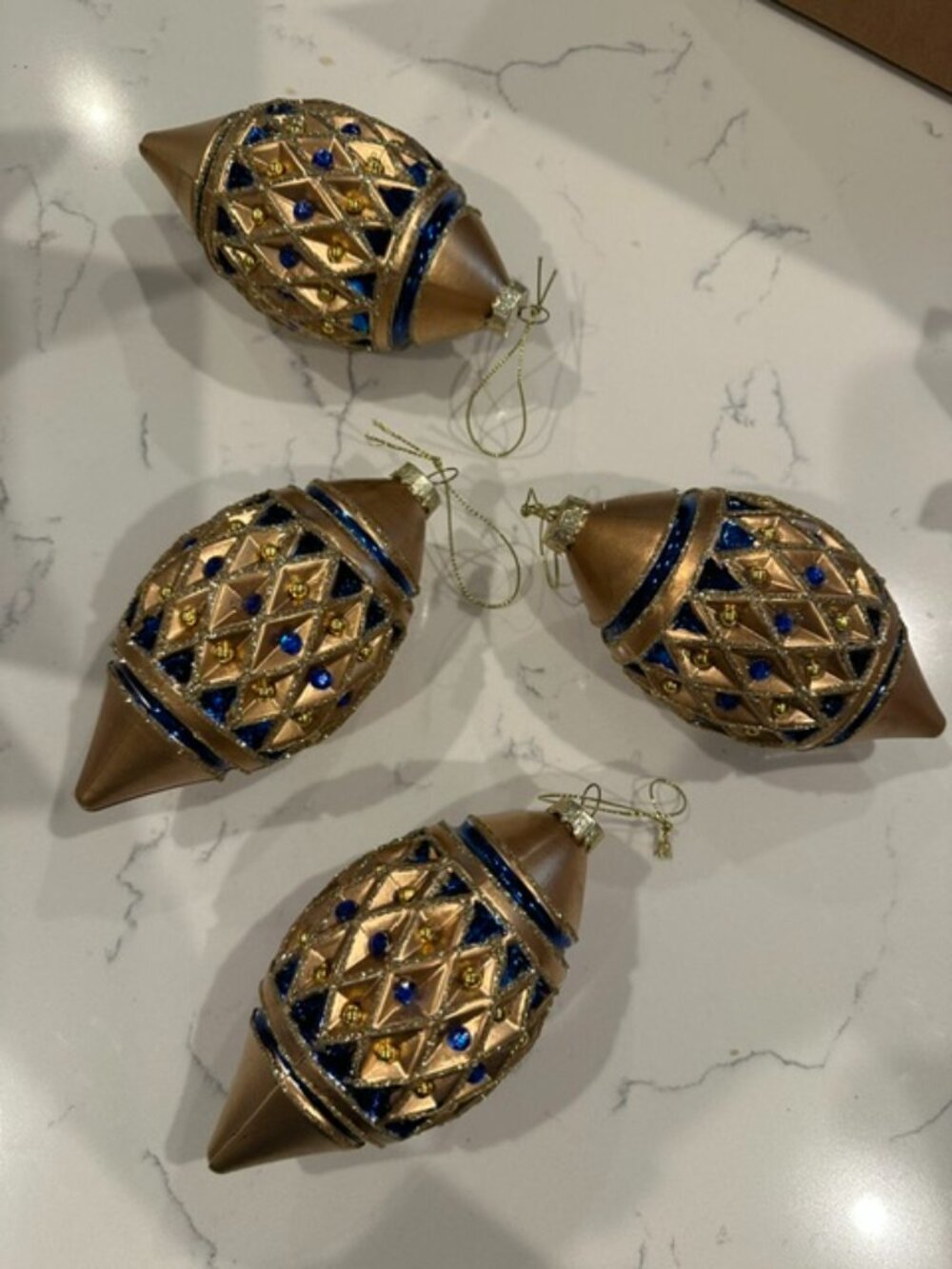 Lot of 4 Beautiful gold with blue accents Christmas Ornaments